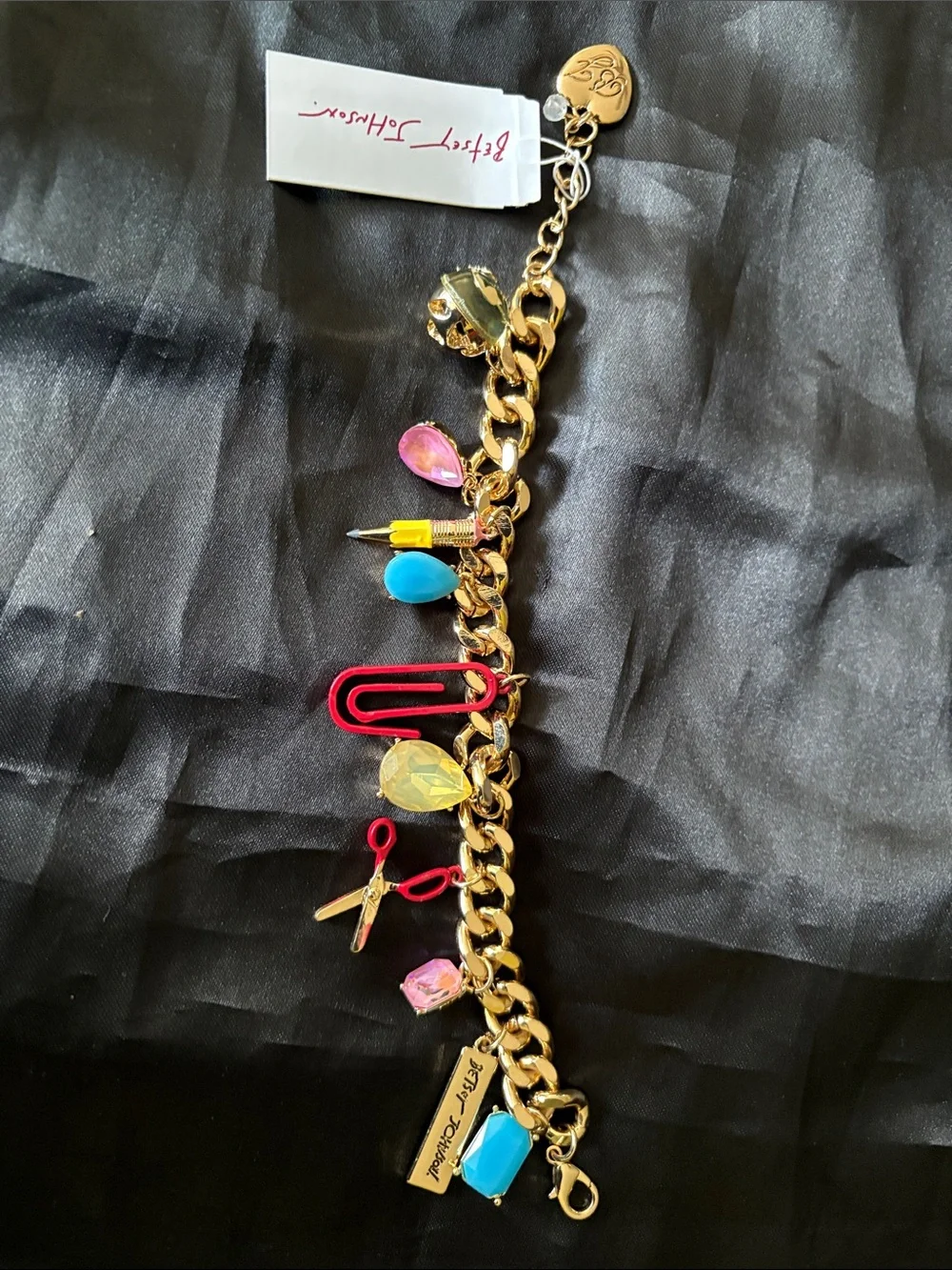 Betsey Johnson Gold Chain Charm Bracelet with Pink, Blue, Yellow & Red Accents